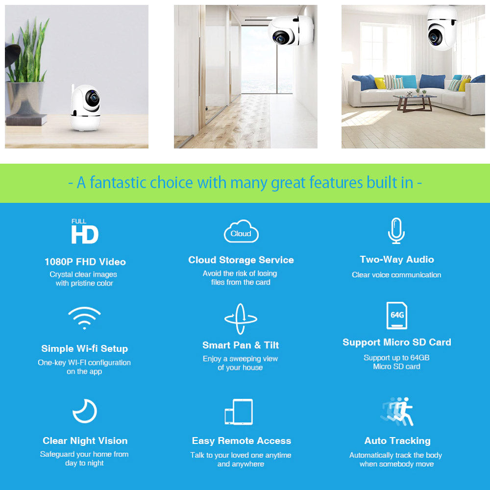 Home IP Camera 720p/1080p  |  HD, pan & tilt, night vision, auto tracking, 2 way audio